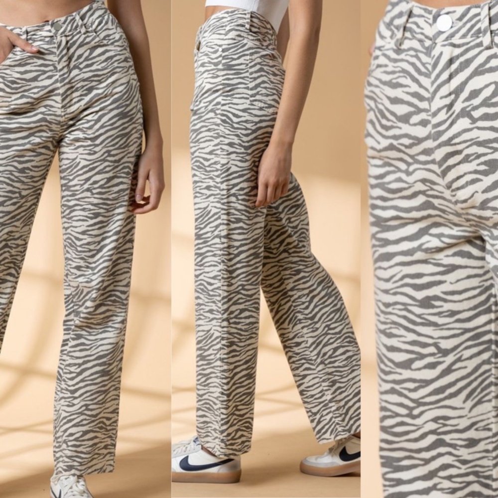 Papermoon Zebra Print Straight Leg Jeans in Cream and Gray